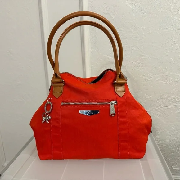 Kipling bright orange bag with brown leather straps - Picture 8 of 12